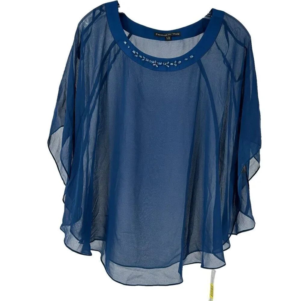 Preston York Cape Top Blue Sheer Gemstone Bead Embellished Size L XL Crew Neck